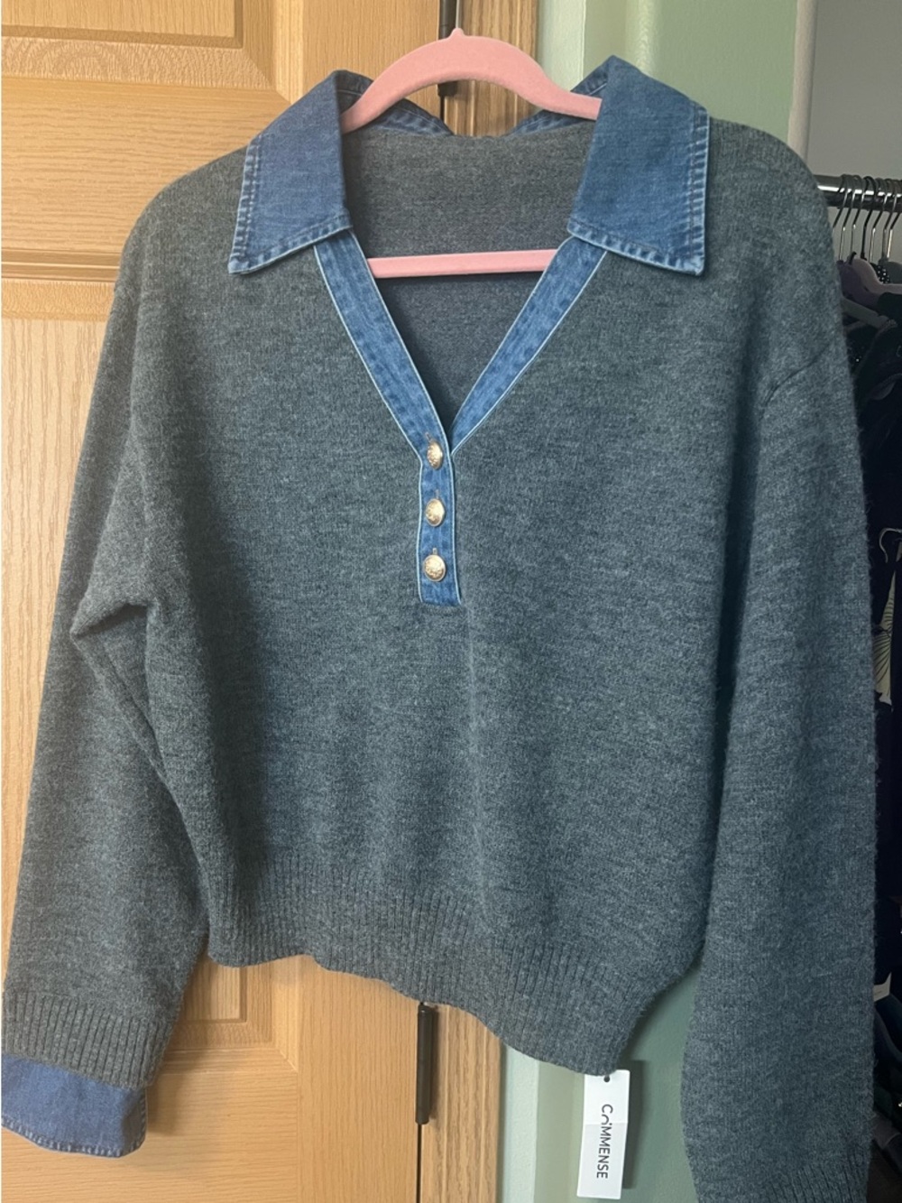 NWT Commense Gray V-Neck Sweater with Denim Collar MSRP $59